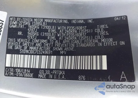 2012 Toyota Sienna Xle V6 8 Passenger from USA, damaged, VIN 5TDYK3DC7CS249691